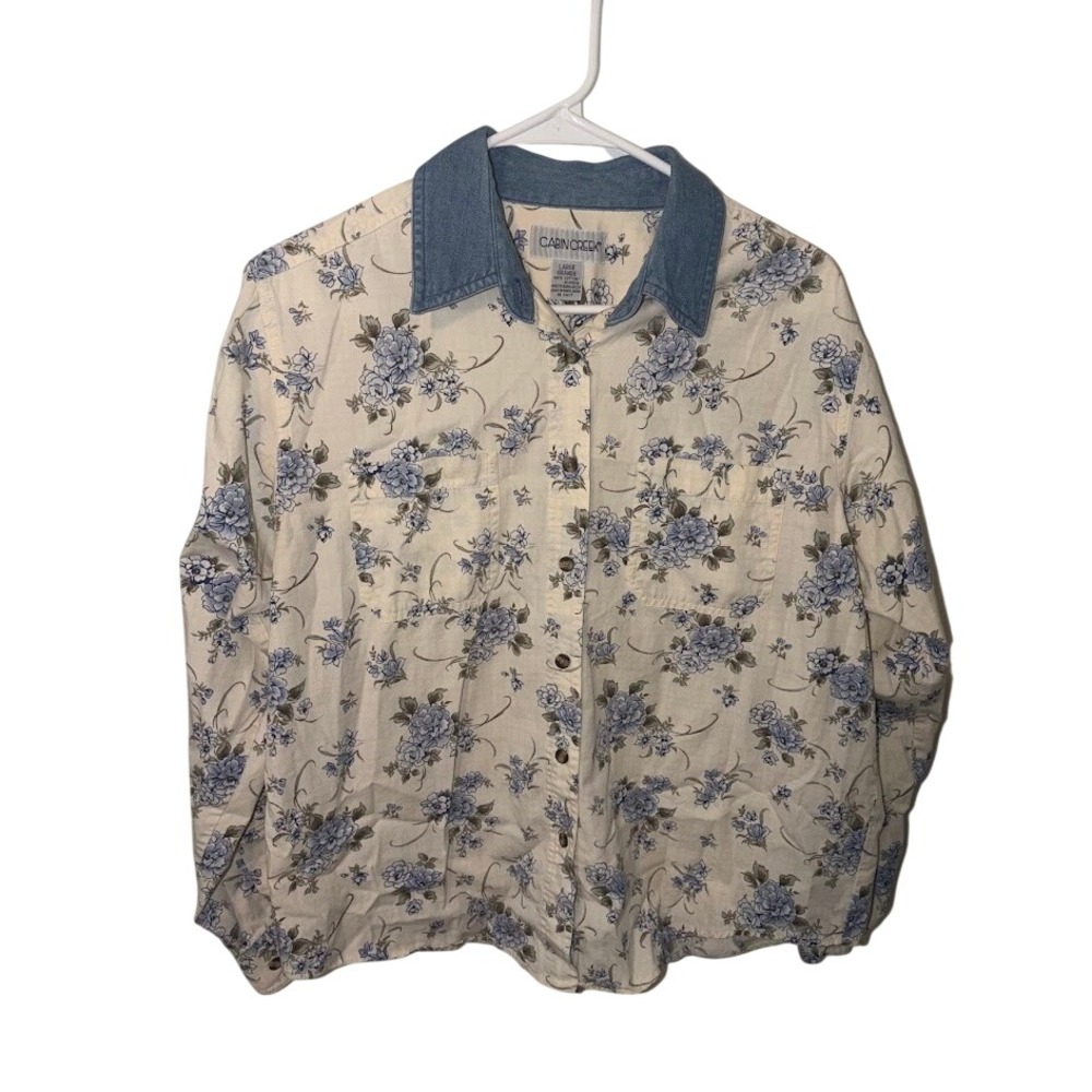 vintage Cabin Creek Womens Large Floral Button Down Denim Collar Cotton